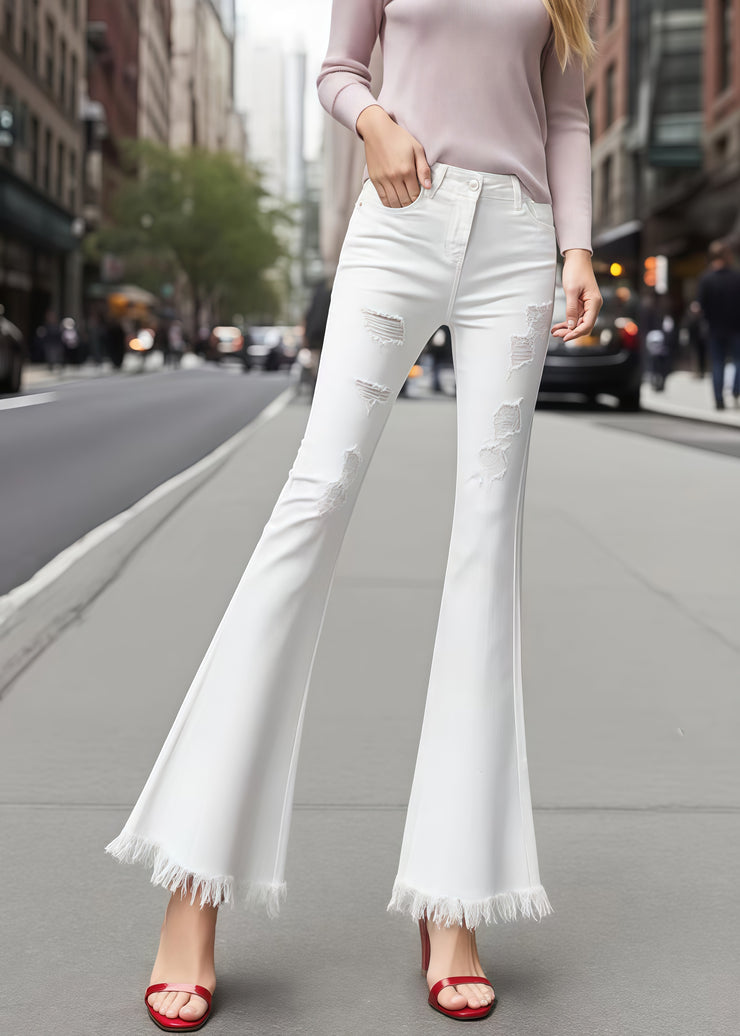 Silm Fit White Tasseled Ripped Denim Bell-bottom Trousers Summer