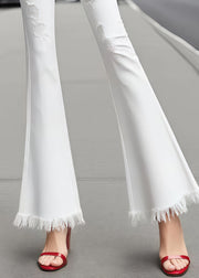 Silm Fit White Tasseled Ripped Denim Bell-bottom Trousers Summer