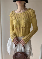Silm Fit Yellow Hollow Out Knit Ripped Tops Fall