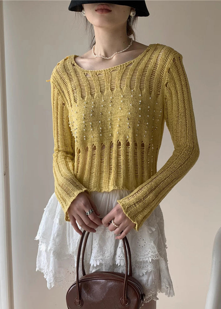 Silm Fit Yellow Hollow Out Knit Ripped Tops Fall