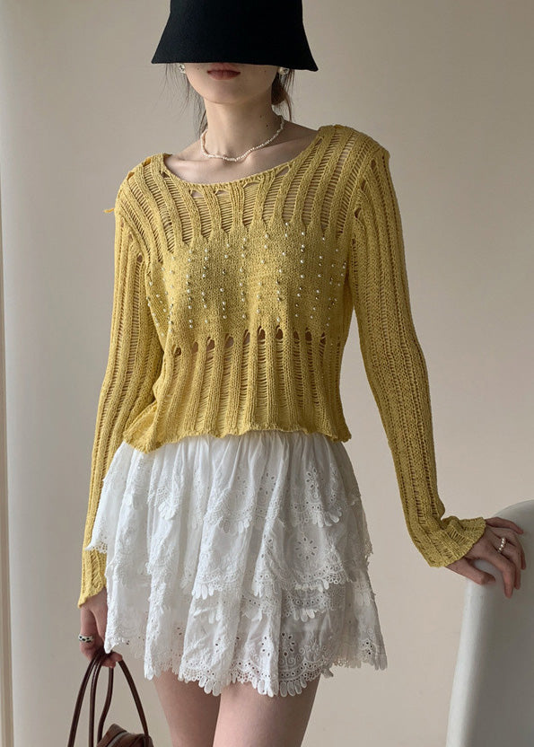 Silm Fit Yellow Hollow Out Knit Ripped Tops Fall