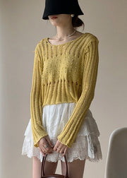 Silm Fit Yellow Hollow Out Knit Ripped Tops Fall