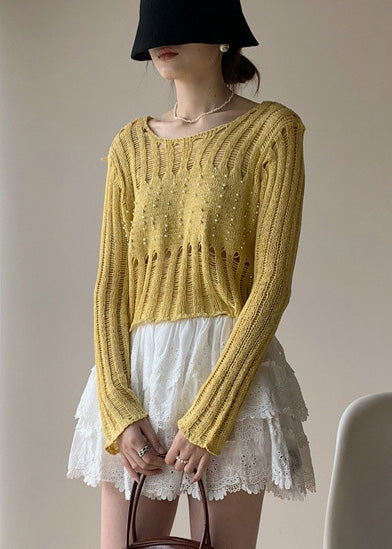 Silm Fit Yellow Hollow Out Knit Ripped Tops Fall