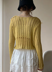 Silm Fit Yellow Hollow Out Knit Ripped Tops Fall