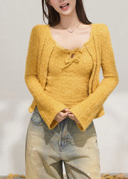 Silm Fit Yellow Warm Knit 2 Piece Outfit Flare Sleeve