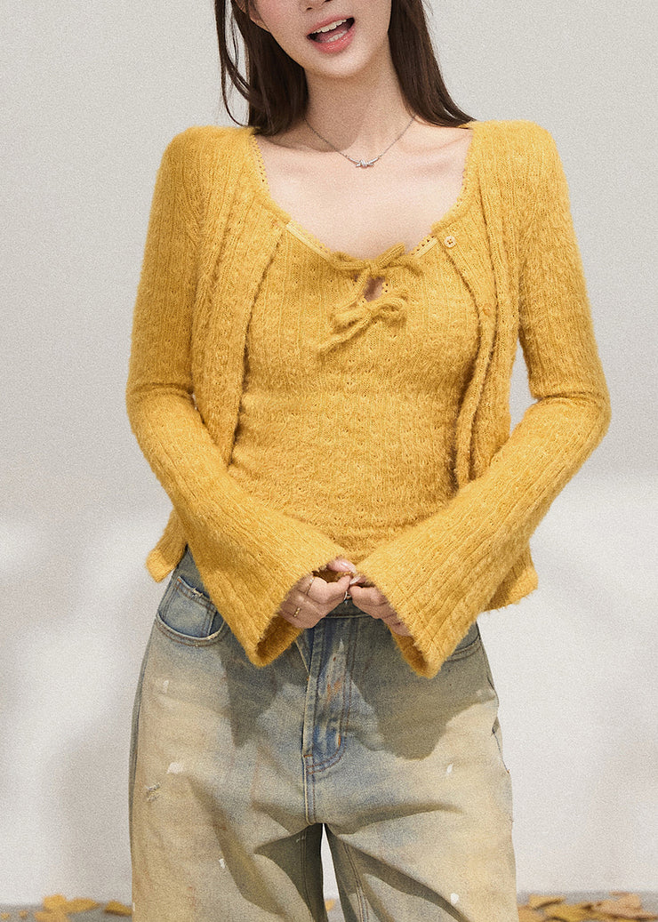 Silm Fit Yellow Warm Knit 2 Piece Outfit Flare Sleeve