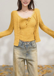 Silm Fit Yellow Warm Knit 2 Piece Outfit Flare Sleeve