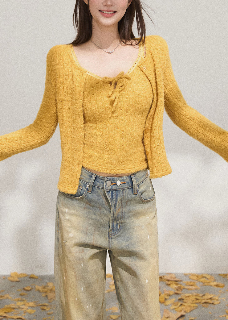 Silm Fit Yellow Warm Knit 2 Piece Outfit Flare Sleeve
