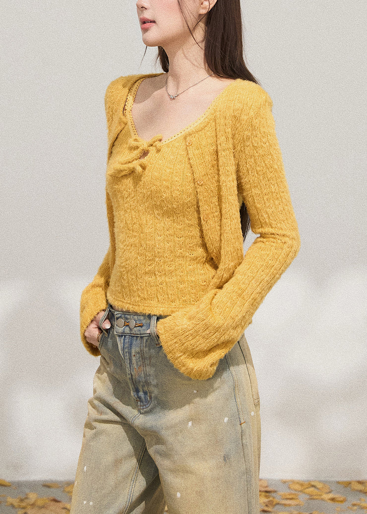 Silm Fit Yellow Warm Knit 2 Piece Outfit Flare Sleeve
