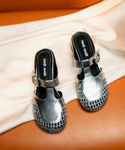Silver Cowhide Leather Fashion Splicing Hollow Out Slide Sandals