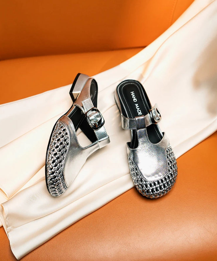 Silver Cowhide Leather Fashion Splicing Hollow Out Slide Sandals