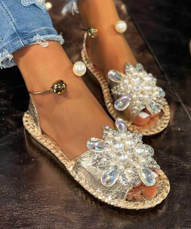 Silver Faux Leather Hiking Sandals Stylish Splicing Nail Bead Zircon