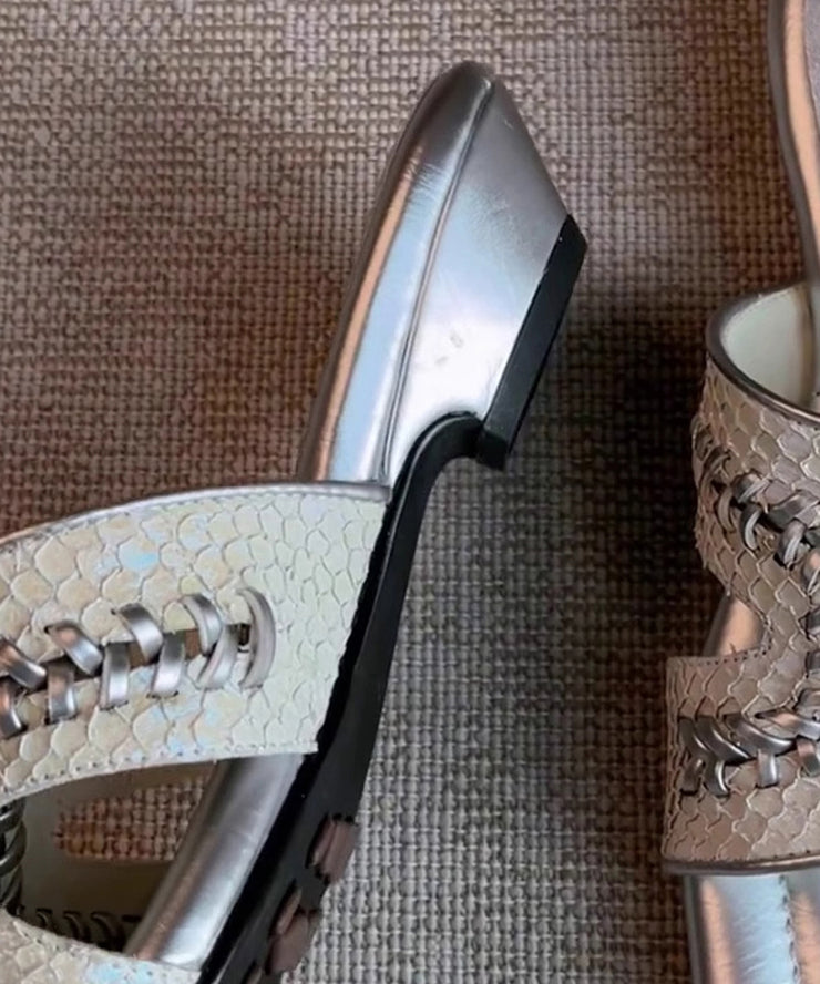 Silver Sheepskin Chic Splicing Slide Sandals Peep Toe