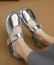 Silver Wedge Shoes Cowhide Leather Retro Splicing Buckle Strap