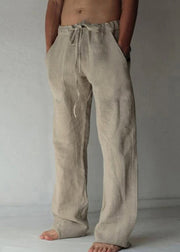Simple Apricot Pockets Elastic Waist Linen Mens Pants Summer