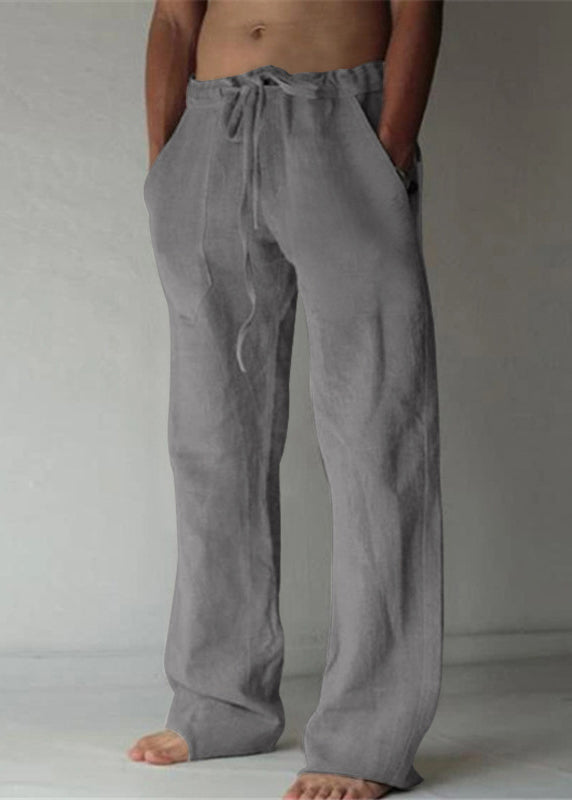 Simple Apricot Pockets Elastic Waist Linen Mens Pants Summer