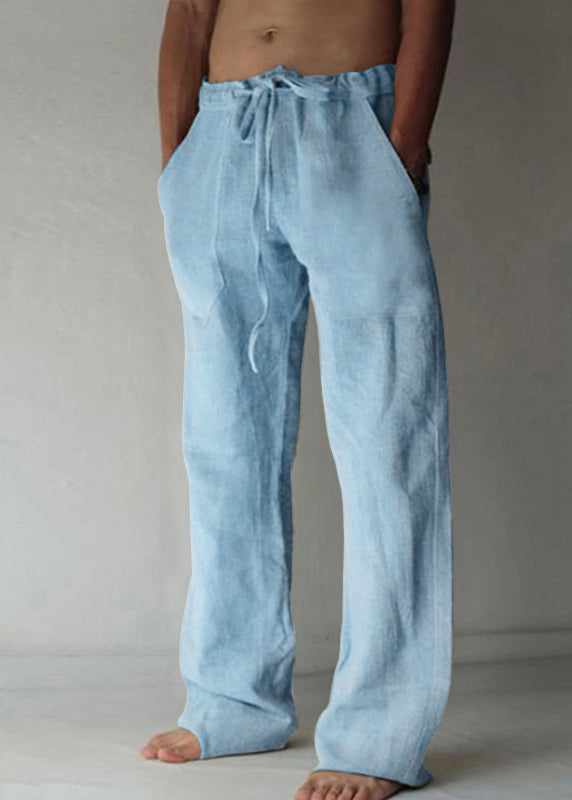 Simple Apricot Pockets Elastic Waist Linen Mens Pants Summer