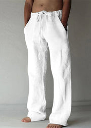 Simple Apricot Pockets Elastic Waist Linen Mens Pants Summer