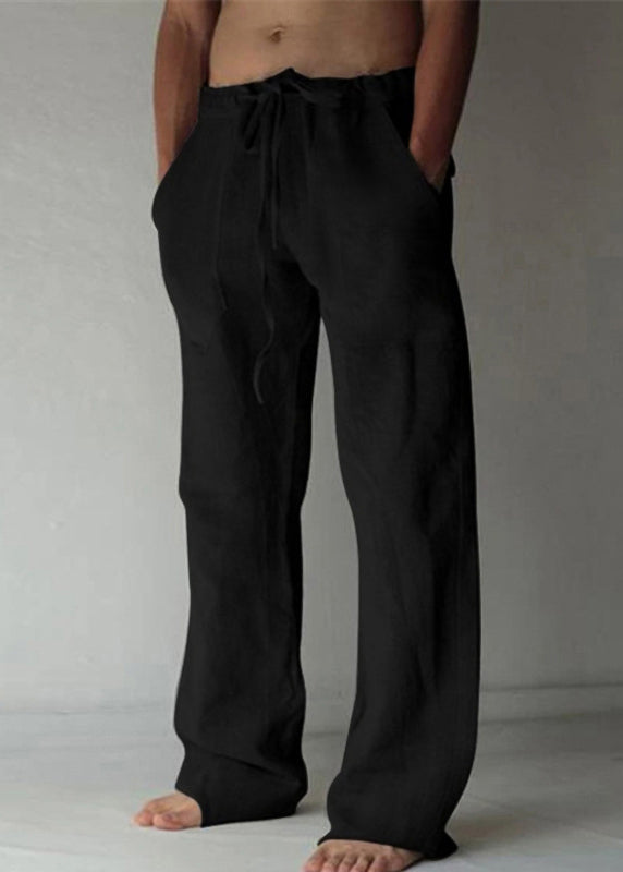 Simple Apricot Pockets Elastic Waist Linen Mens Pants Summer