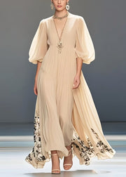 Simple Apricot Print Exra Large Hem Chiffon Long Dresses Lantern Sleeve