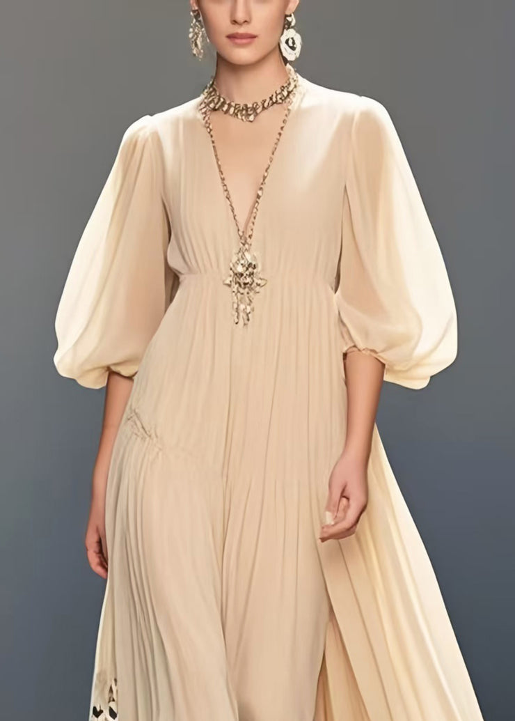 Simple Apricot Print Exra Large Hem Chiffon Long Dresses Lantern Sleeve