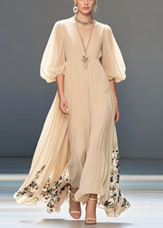 Simple Apricot Print Exra Large Hem Chiffon Long Dresses Lantern Sleeve