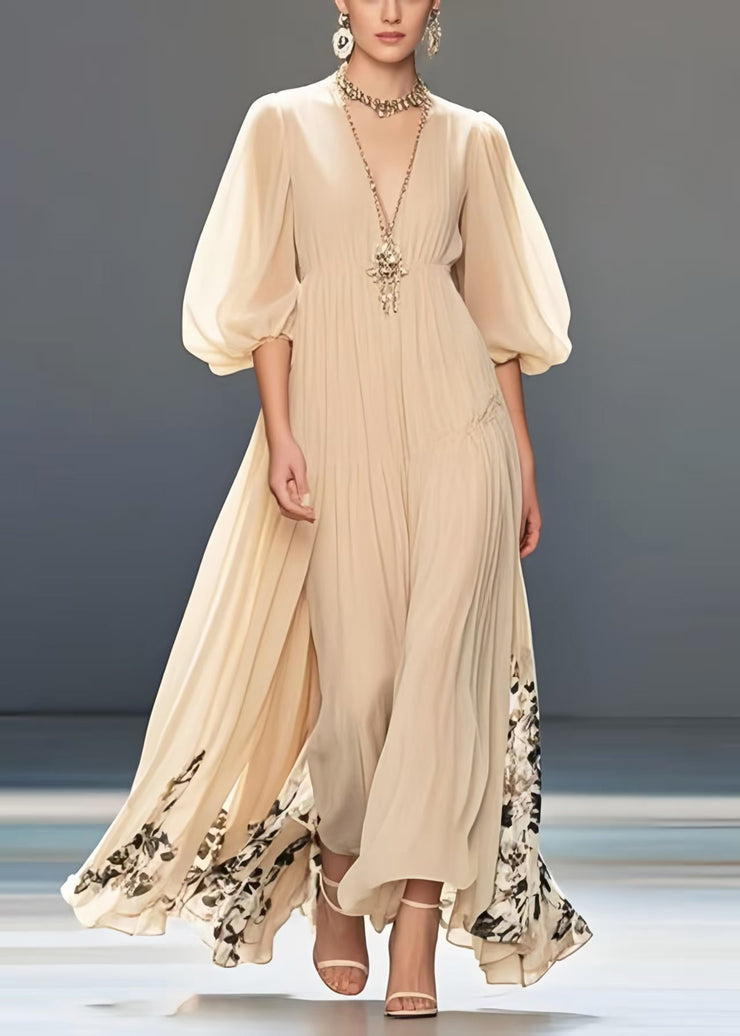 Simple Apricot Print Exra Large Hem Chiffon Long Dresses Lantern Sleeve
