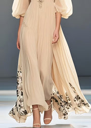 Simple Apricot Print Exra Large Hem Chiffon Long Dresses Lantern Sleeve