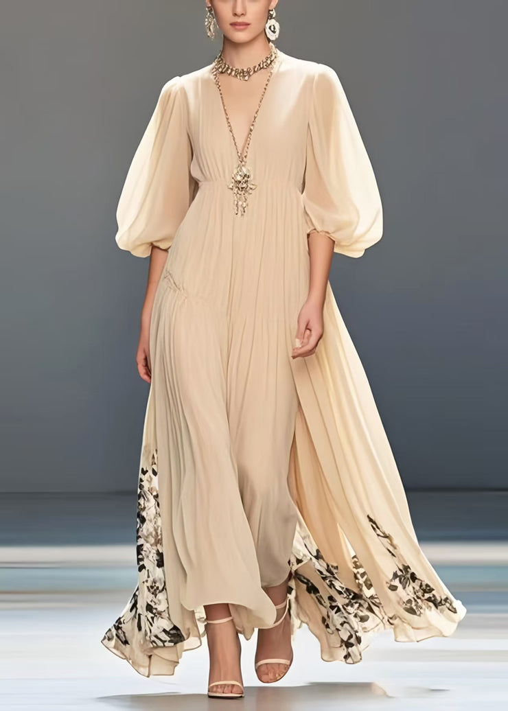 Simple Apricot Print Exra Large Hem Chiffon Long Dresses Lantern Sleeve