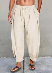 Simple Apricot Solid Elastic Waist Cotton Men Crop Pants Summer