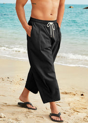 Simple Apricot Solid Elastic Waist Cotton Men Crop Pants Summer