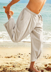 Simple Apricot Solid Elastic Waist Cotton Men Crop Pants Summer