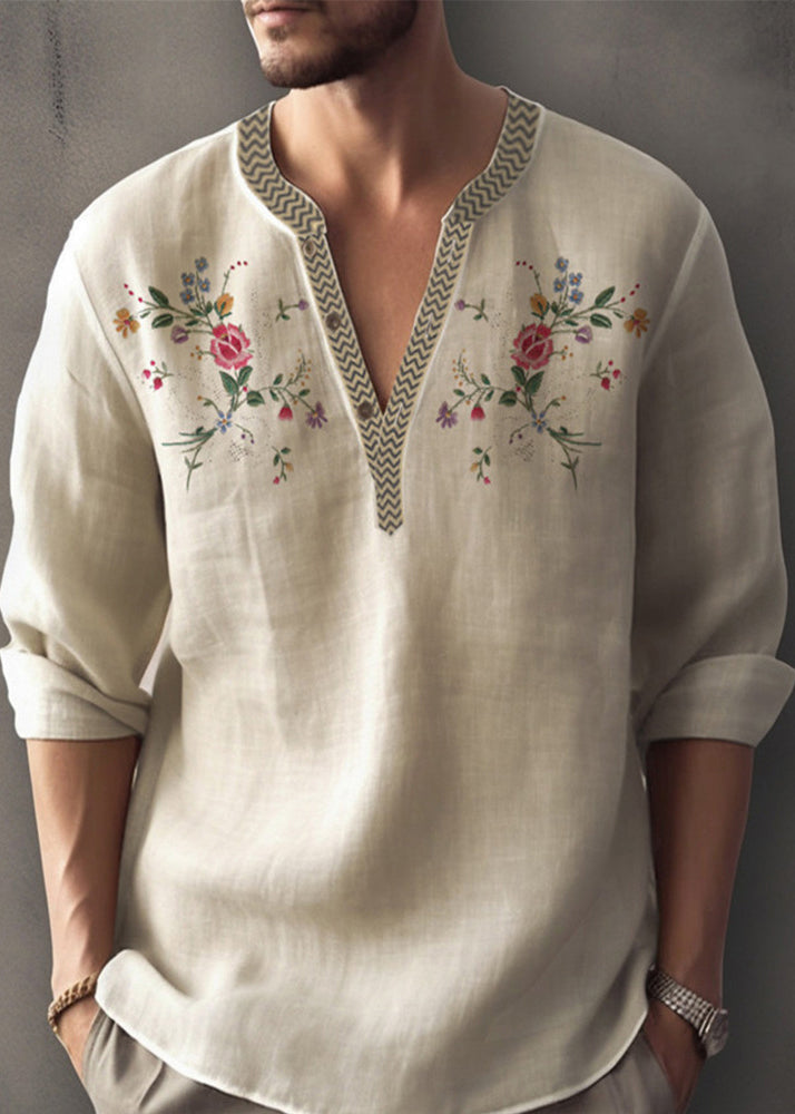 Simple Apricot V Neck Print Cotton Mens Shirt Fall