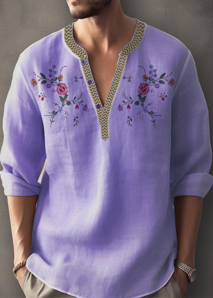 Simple Apricot V Neck Print Cotton Mens Shirt Fall