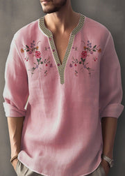 Simple Apricot V Neck Print Cotton Mens Shirt Fall