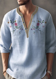 Simple Apricot V Neck Print Cotton Mens Shirt Fall