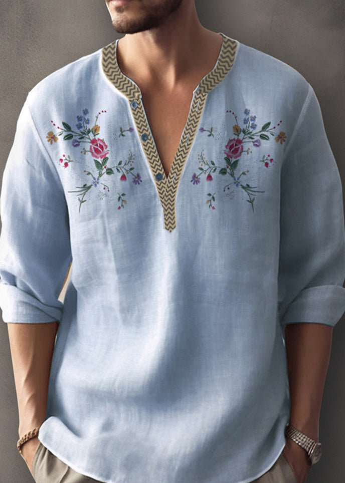 Simple Apricot V Neck Print Cotton Mens Shirt Fall