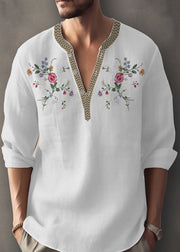 Simple Apricot V Neck Print Cotton Mens Shirt Fall
