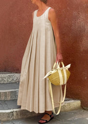 Simple Apricot Wrinkled Solid Cotton Long Dress Sleeveless