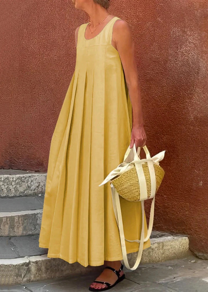 Simple Apricot Wrinkled Solid Cotton Long Dress Sleeveless
