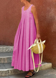 Simple Apricot Wrinkled Solid Cotton Long Dress Sleeveless