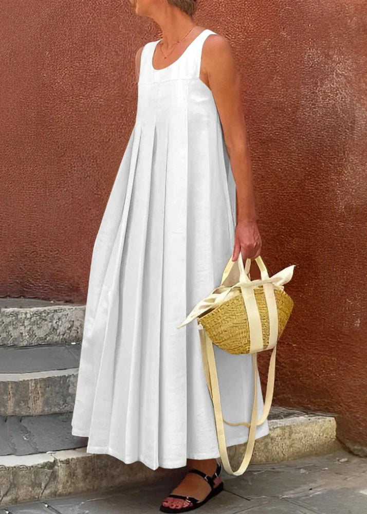 Simple Apricot Wrinkled Solid Cotton Long Dress Sleeveless