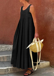 Simple Apricot Wrinkled Solid Cotton Long Dress Sleeveless