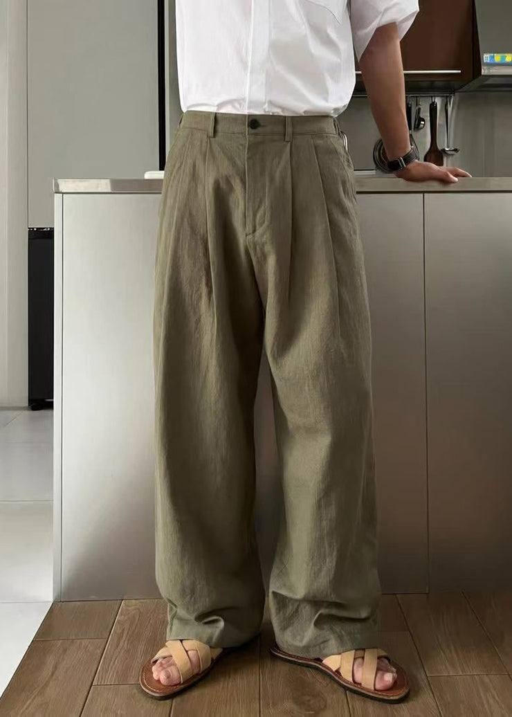 Simple Army Green Solid High Waist Linen Men Pants Summer