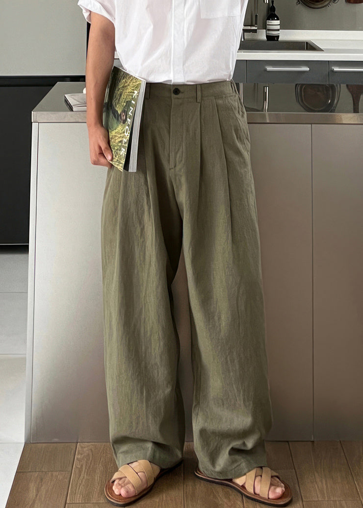 Simple Army Green Solid High Waist Linen Men Pants Summer