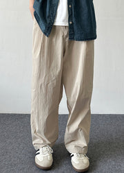 Simple Beige Button Pockets Solid Cotton Men Pants Summer