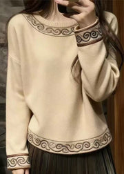 Simple Beige Embroidered Thick Knit Sweaters Winter