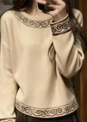 Simple Beige Embroidered Thick Knit Sweaters Winter