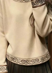 Simple Beige Embroidered Thick Knit Sweaters Winter