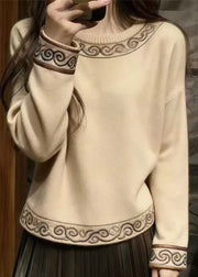 Simple Beige Embroidered Thick Knit Sweaters Winter